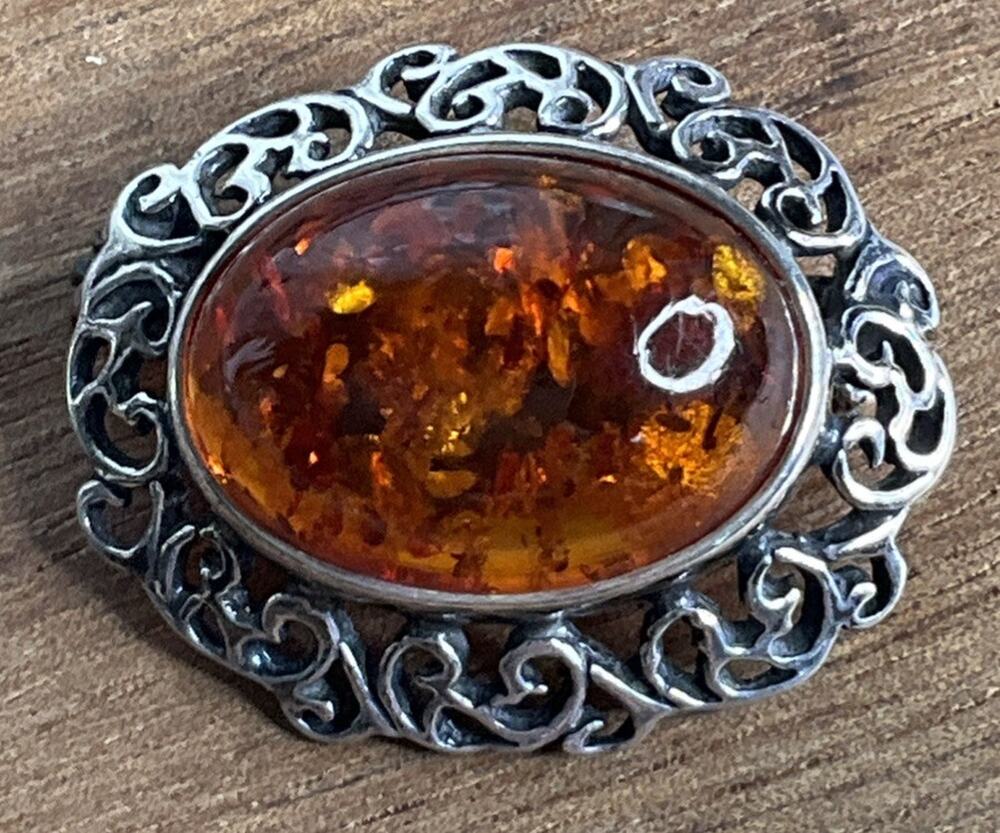 Vintage Baltic Amber Sterling Silver Oval Filigree Brooch Pin Victorian Art Deco